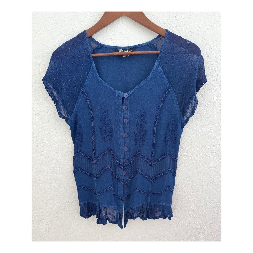 Boho Womens Blue Embroidered Button Front Tie Back Blouse Top Ren Faire One Size